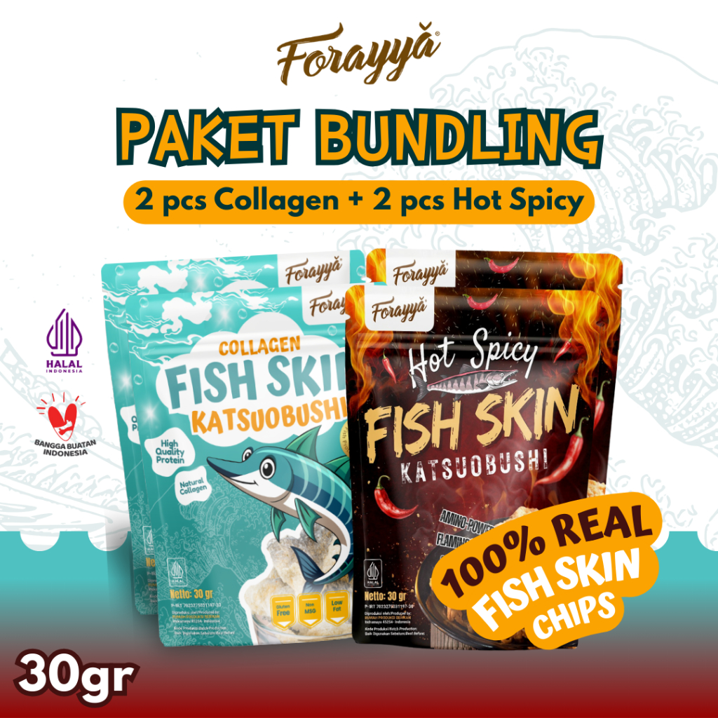 

Paket Mix Fish Skin Chips Katsuobushi Collagen (2) Spicy (2) 30gr - Snack Sehat Keripik Kulit Ikan Cemilan Gurih Tinggi Protein Tanpa MSG