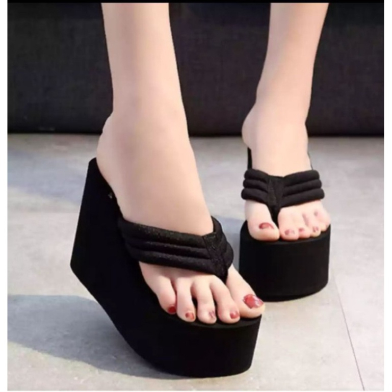 Sandal Wedges Jepit Wanita Model polos Hak Tinggi 9CM /Sandal Jepit Cewek Model Simple Hak Tinggi te