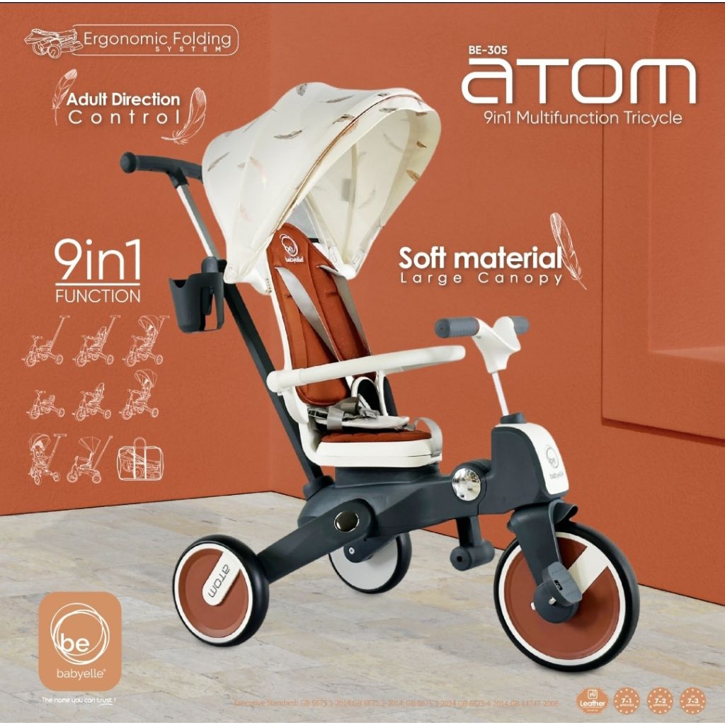 Sepeda Lipat Anak Babyelle 9in1 Multifunction Tricycle BE-305 ATOM Sepeda Stroller Sepeda Dorong Sep