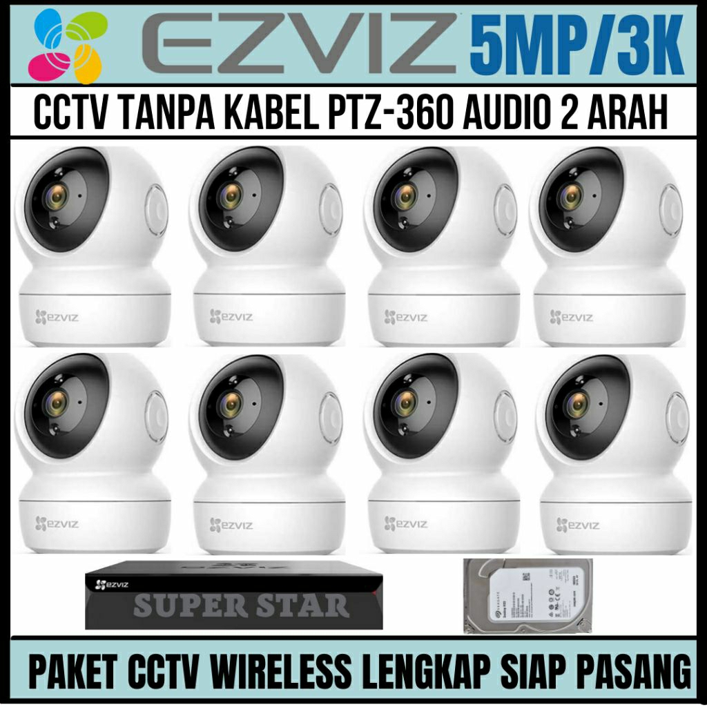 paket cctv ezviz wireless 5mp 8 channel 8 kamera audio 2 arah  wifi  ip kamera wirelles tanpa kabel 