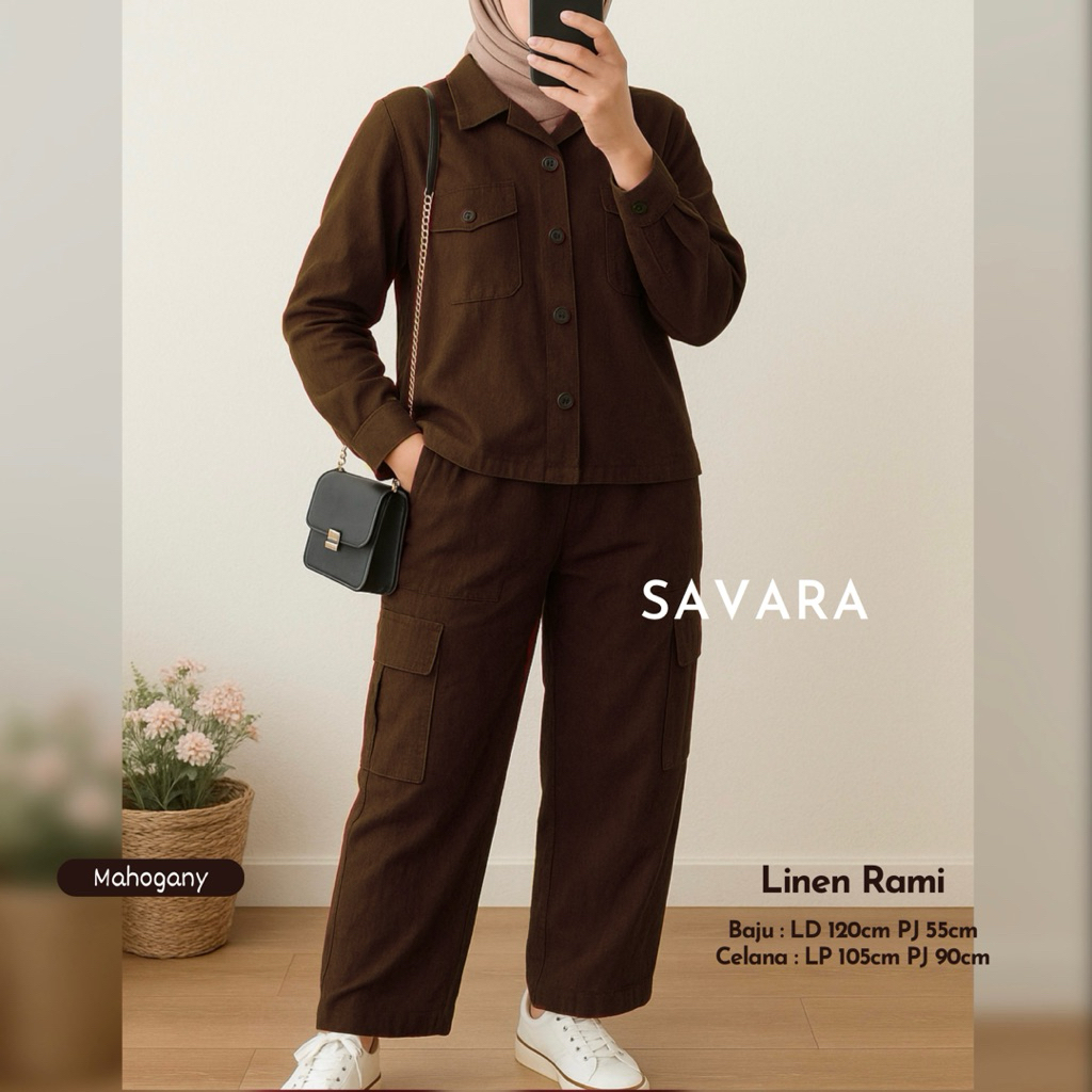 GEA ONE SET • Setelan Baju Celana Wanita Casual Muslim Polos Bahan Katun Linen Rami • SAVARA