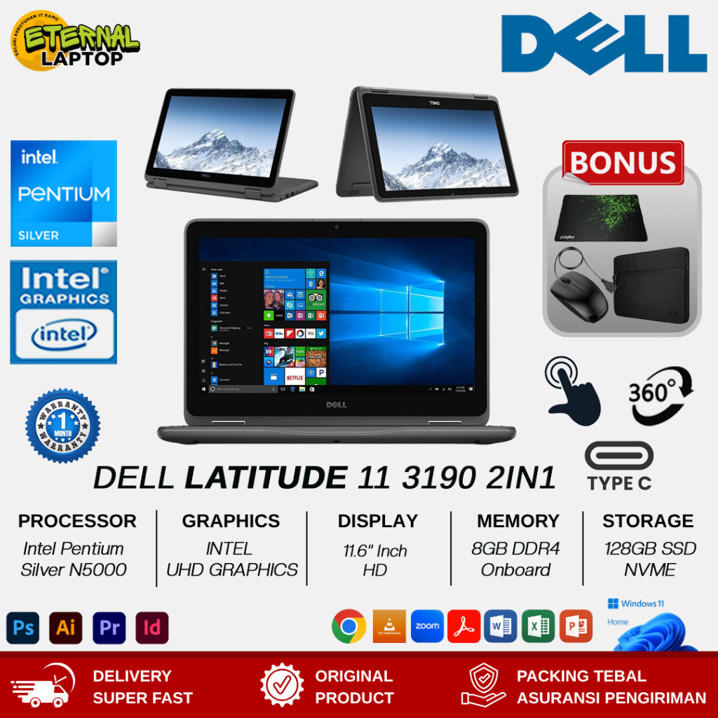 Laptop 2in1 Dell Latitude 11 3190 Intel Pentium Silver N5000 8GB 512GB SSD 11 Inch Touchscreen Win11