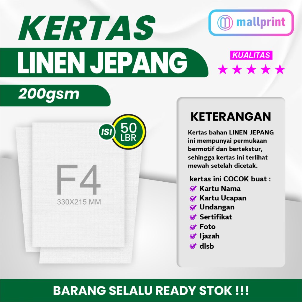 

Kertas Linen Jepang 200gsm uk. F4 (Folio) cocok unt. Sertifikat Piagam Ijazah dll (isi 50 lembar)