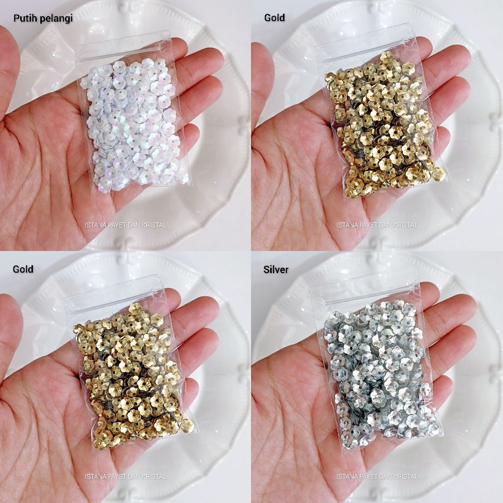 Sequin (payet piringan) bunga lavender kecil 6mm putih, gold & silver