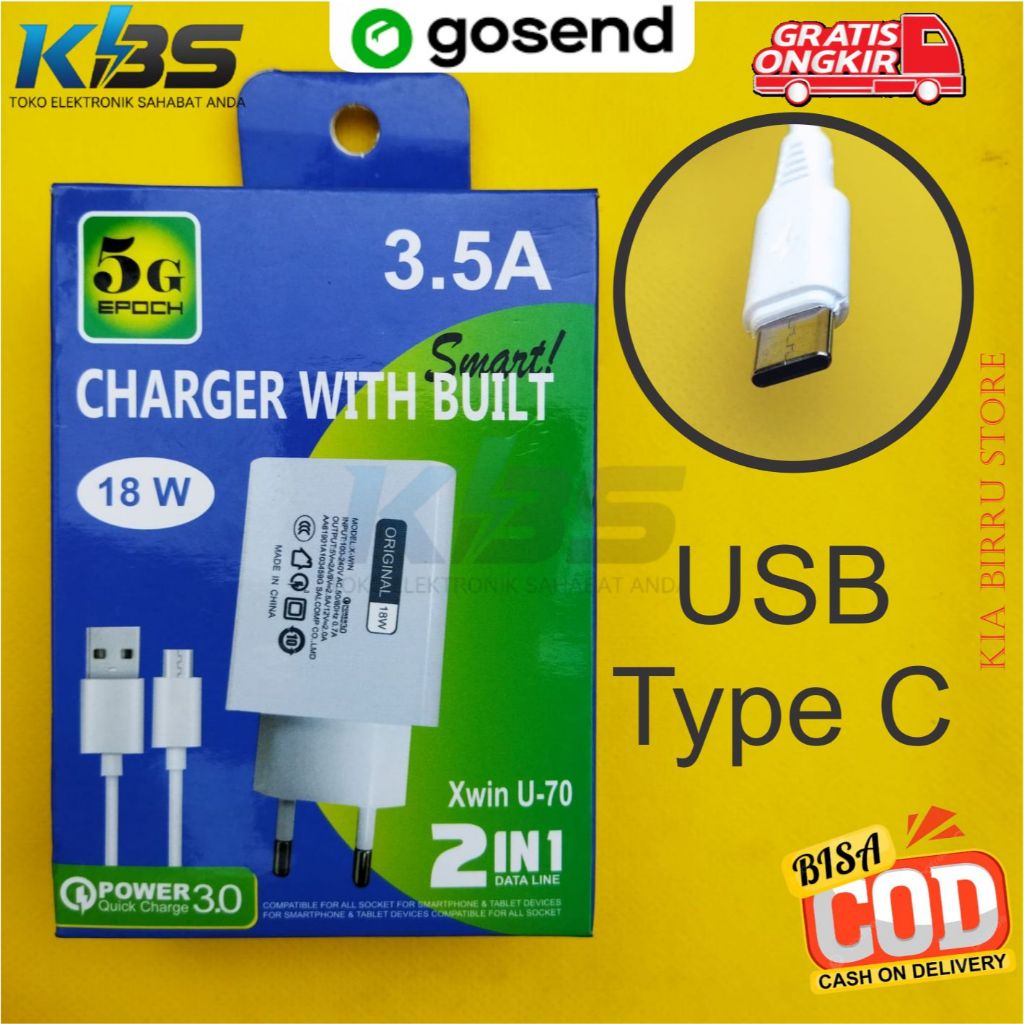 Set Kepala Charger + Kabel Data USB Type C untuk HP Infinix Hot 50 40 30 Note Zero X Itel S25 Ultra 