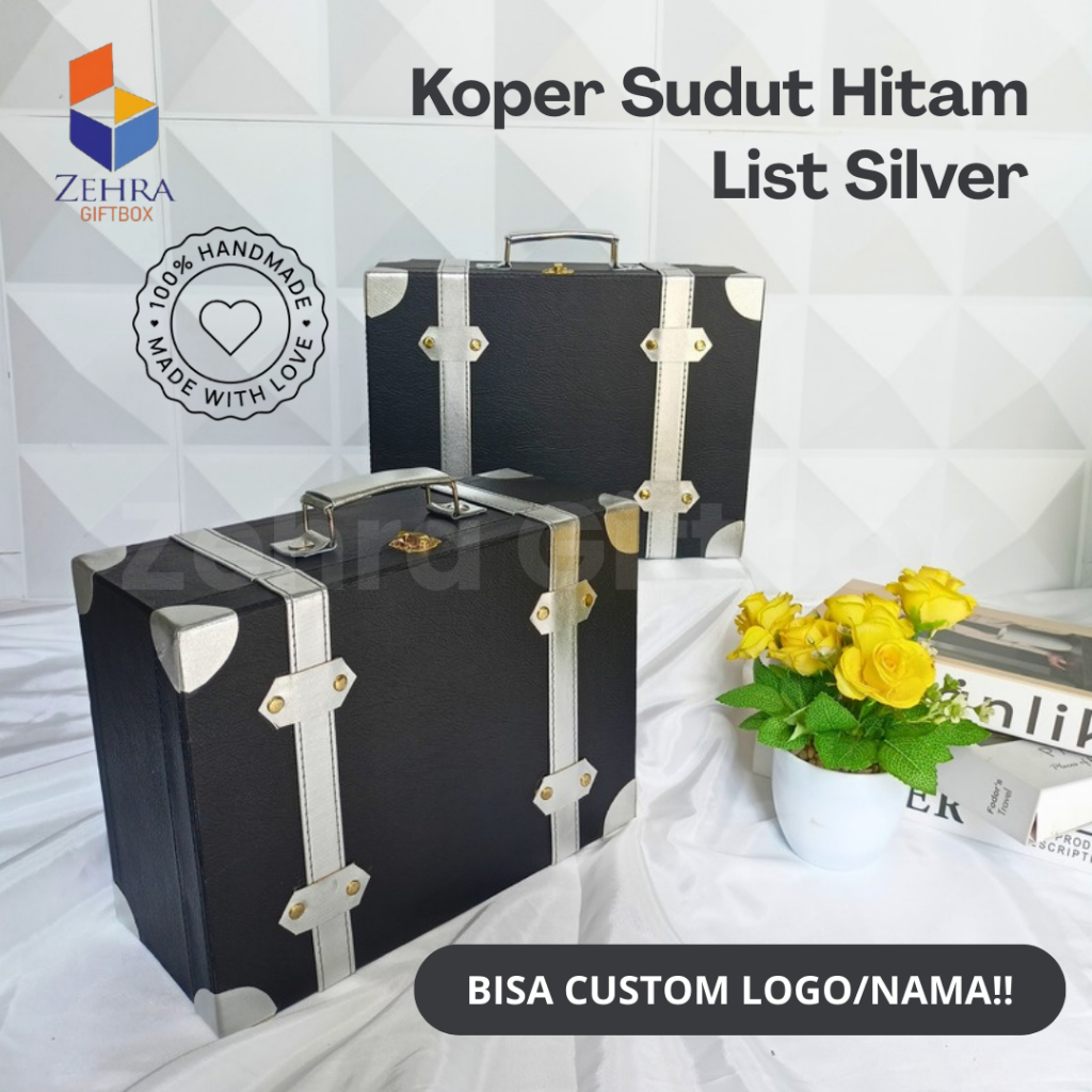 

Box Hampers/Hadiah Kulit Sintetis Uk. 33 X 24 X 13 | Box Model Koper Sudut Hitam List Silver