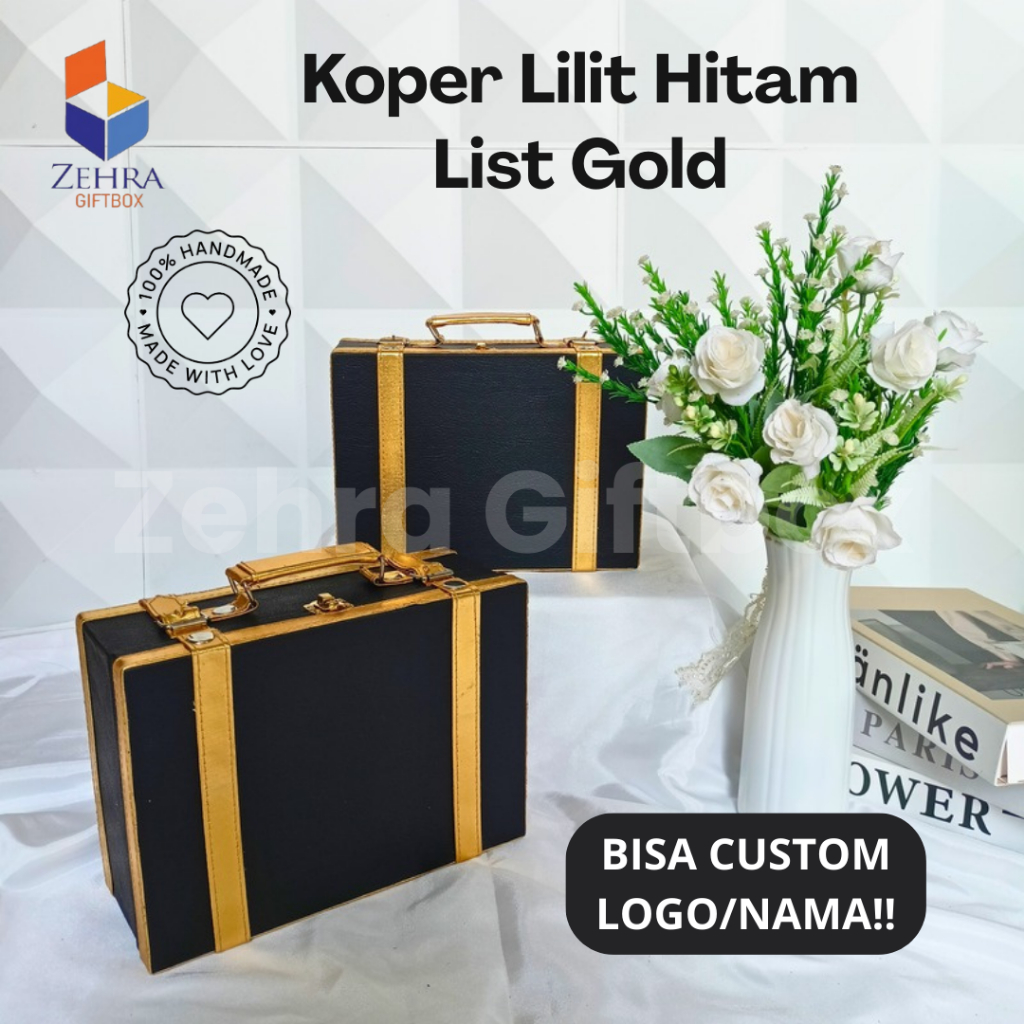 

Giftbox Kulit Sintetis Uk. 25 X 18 X 10 | Box/Kotak Hampers Model Koper Lilit Hitam List Gold