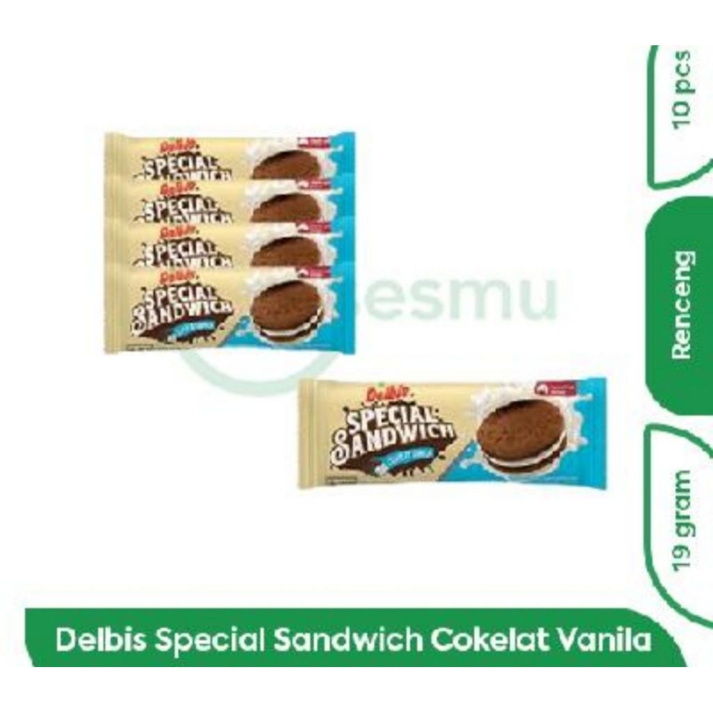 

DELBIS SPECIAL SANDWICH COKELAT VANILA19gr RENCENG 10 PCS
