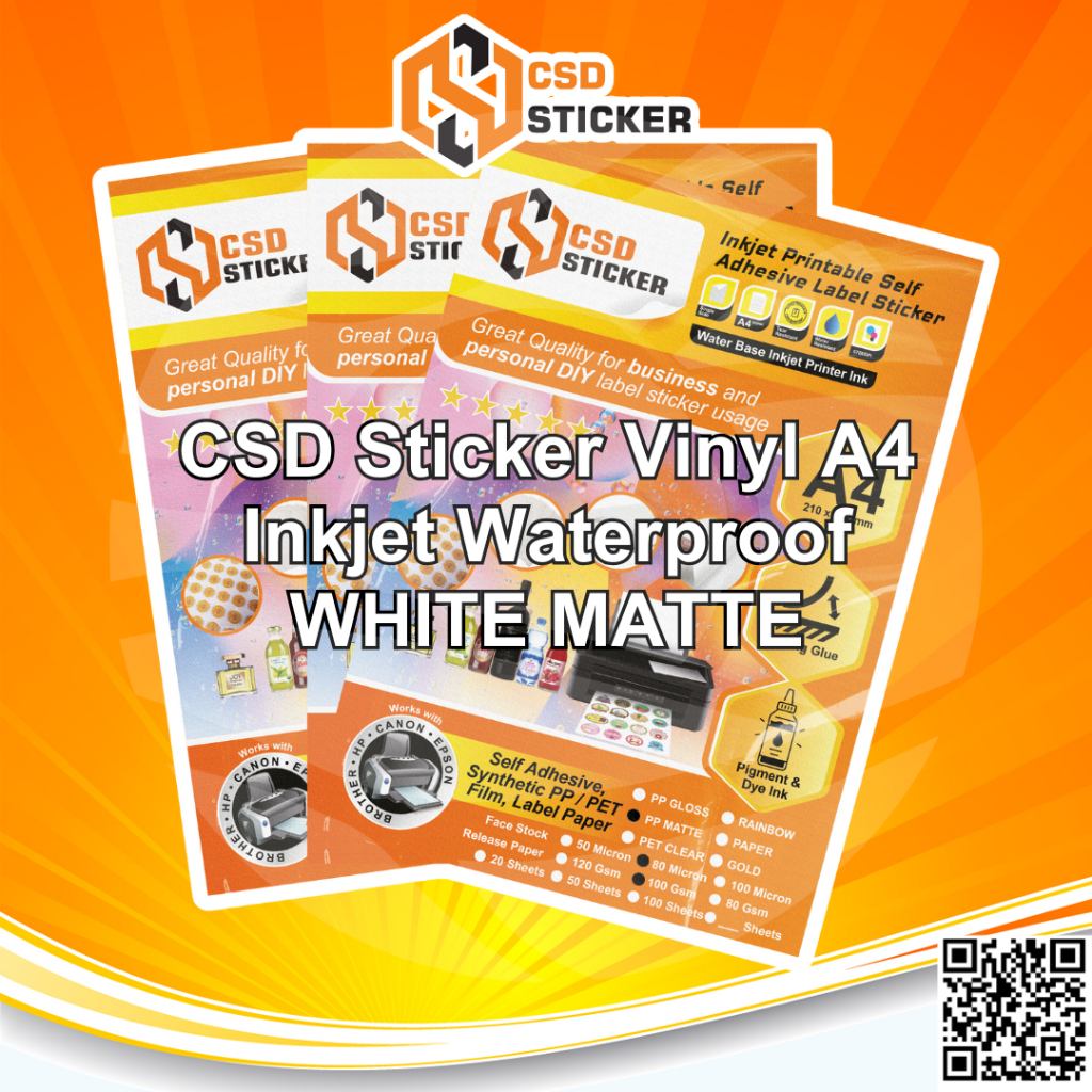 

CSD Sticker Vinyl Inkjet White Matte / Matt / Doff / Doft A4 Waterproof - Digital Print Cetak Label Kemasan Stiker Plastik Tidak mudah Sobek - Repack 20 lembar