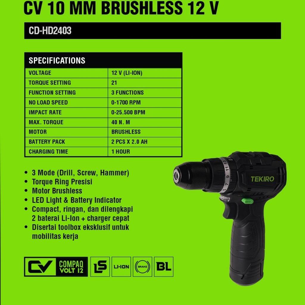 TEKIRO BRUSHLESS Mesin Bor Tangan Baterai Tekiro CV 10MM 12V Impact Drill Cordless 12 Volt Brushless