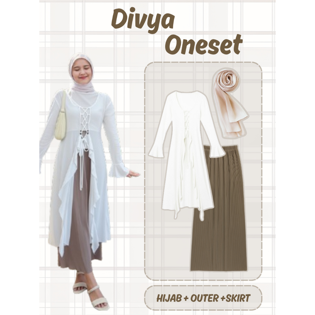3 IN 1 Divya Oneset Hijab Outer Putih Ruffle Cantik + Rok Plisket Coklat Setelan OOTD Wanita