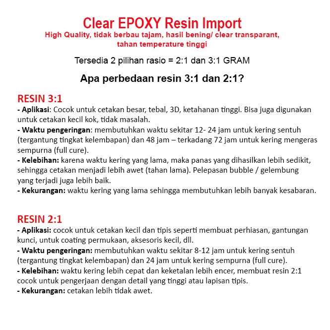 Miawmiaw_Id Cairan Resin Bening (Epoxy Import) 3:1 Dan 2:1 + Katalis Resin Clear Impor Resin Cast