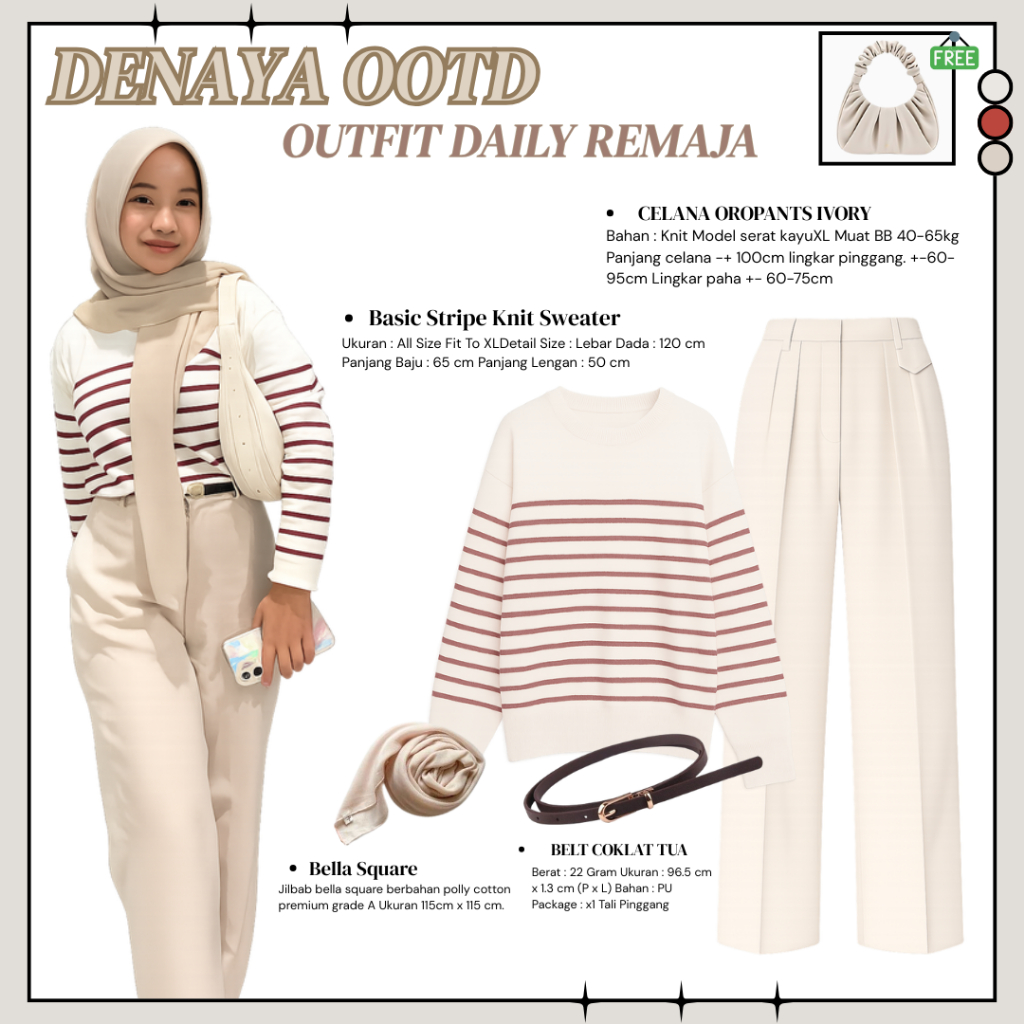 Outfit Hijab Denaya OOTD ( Sweater + Celana Oropants + Bellasquare ) Setelan Hijab One Set Remaja