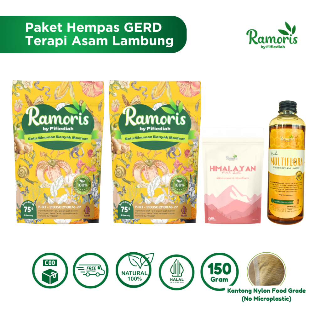 

[Paket Hempas GERD] Ramoris Teh Rimpang & Madu Multiflora 325 gr - 45 Kantong - Free Himalayan Salt