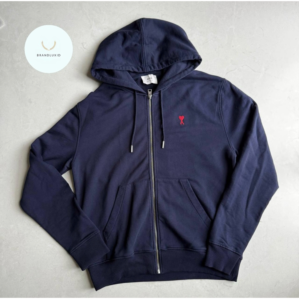 Ami paris love zipped hoodie sweatshirt in night blue