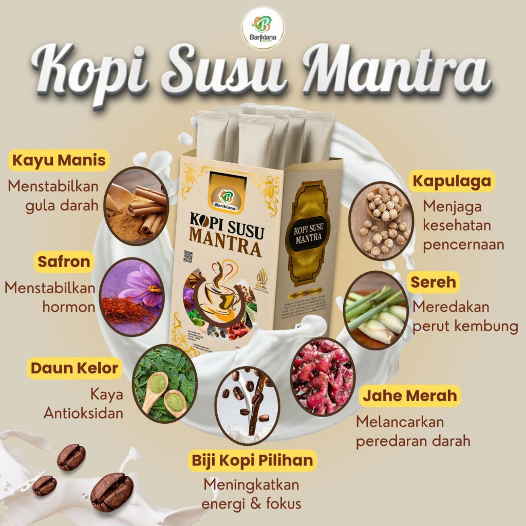 

Kopi Susu Plus Herbal Safron, Jahe Merah, Kayu Manis, Daun Kelor, Kapulaga, Sereh | Kopi Susu Mantra Bariklana