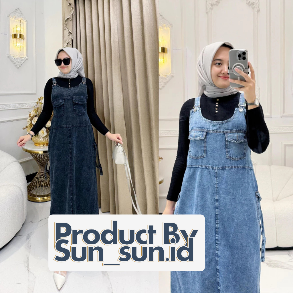 "Overall Jeans Wanita Hijab Fashion - Dress Kodok Denim Panjang Casual Modis"