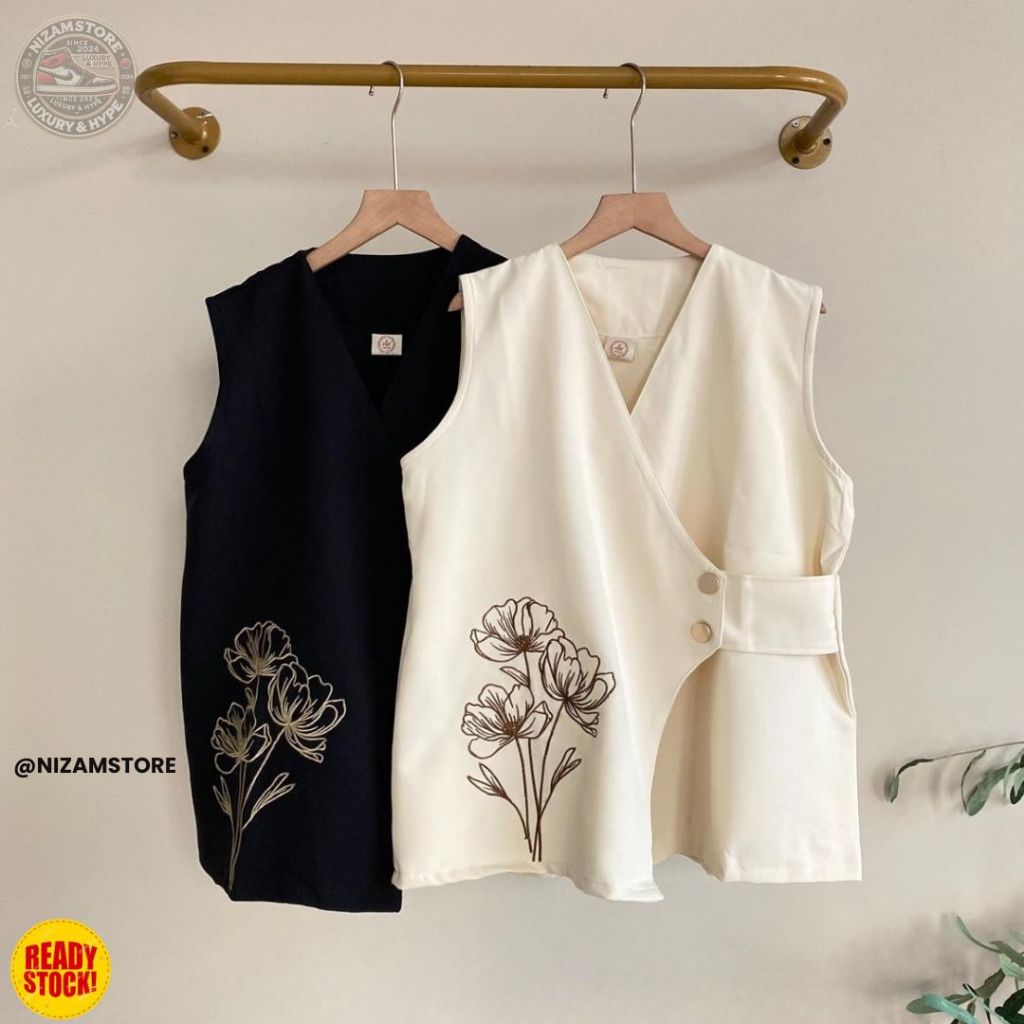 Nizamstore - Blouse Tanpa Lengan Katun Morgan Bordir Elegan Motif Bunga | Outer Tunik Casual Kekinia