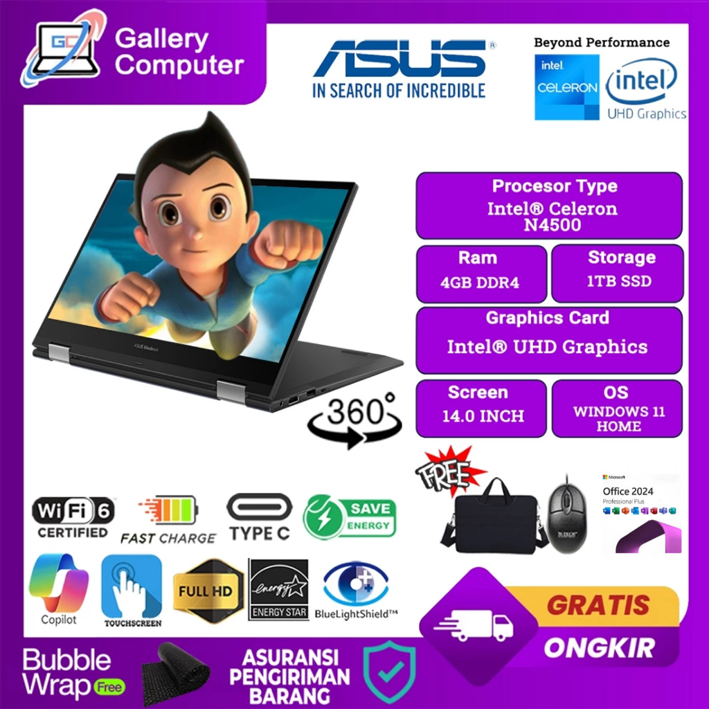 Laptop Touchscreen 2in1 Asus Vivobook 14 J1400KA Intel N4500 1TB SSD FHD IPS Windows 11 Office Blue