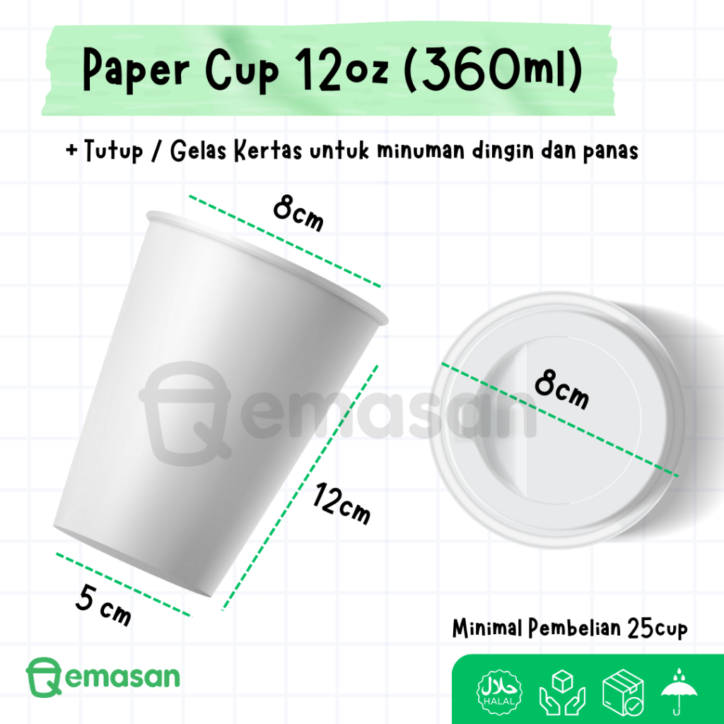 Paper Cup 12Oz (360ml) + Tutup / Gelas Kertas Kopi Tahan Panas dan Cocok untuk Dingin