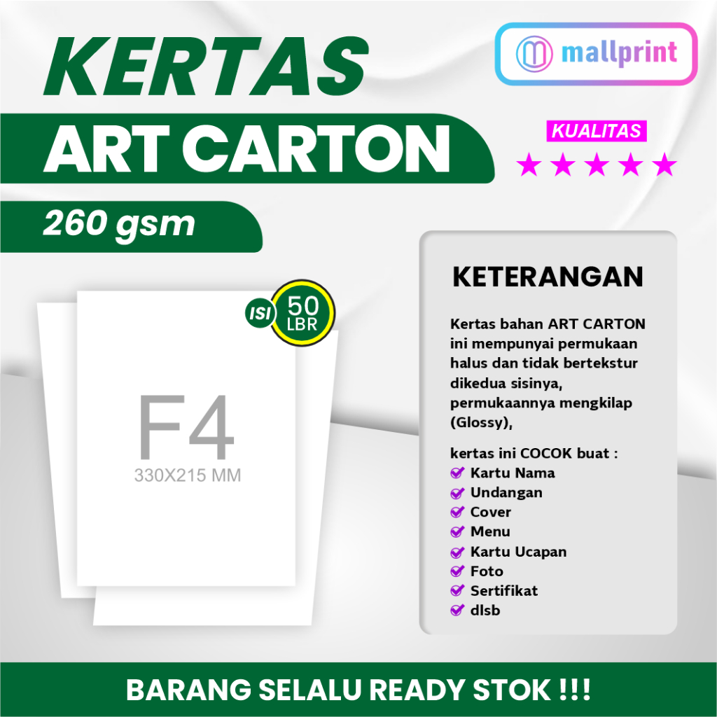 

Kertas Art Carton 260 gsm uk. F4 / Kertas Menu Resto / Kertas Kartu Nama / Kertas Kartu Ucapan (1 pak isi 50 lbr)