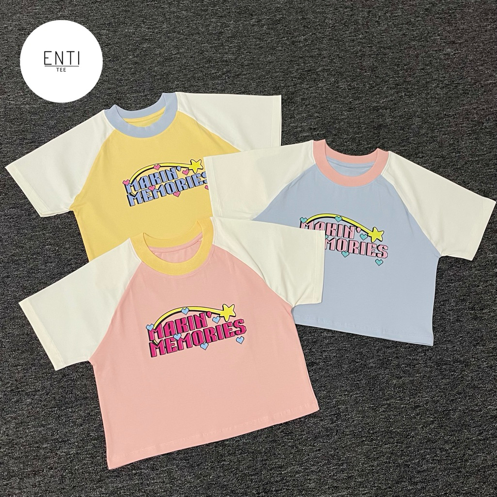 ENTITEE Baby Tee Raglan Makin' Memories | Kaos Crop | Crop Top Wanita | Baju Raglan Wanita | Baju Gr