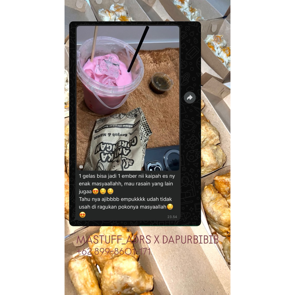 

Dimsum Ayam Original / Samosa / Risol Mayo / Mageli / Onde-Onde / Tahu Bakso / Pangsit / Mochi Original / Beef Kebab / Mie Goreng Special / Roti Maryam / Tteokbokki / Steamboat / Ipau Banjar / SNACK TRAY / Red Velvet / Coffee / Choco / Jajanan DapurBibib