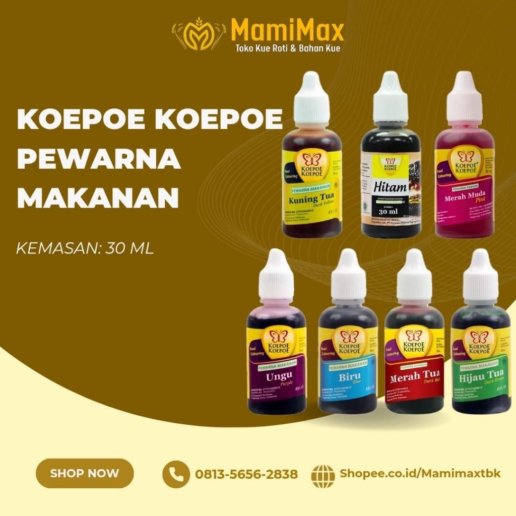 

KOEPOE KOEPOE PEWARNA MAKANAN 30 ML UNGU, BIRU, MERAH TUA, HIJAU TUA, KUNING TUA, HITAM, MERAH MUDA