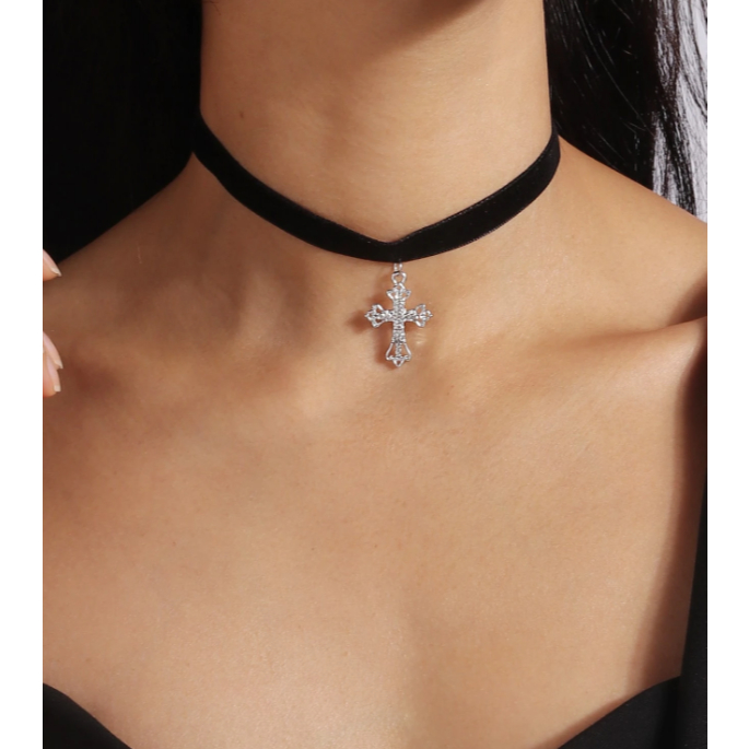 Rhinestone Cross Charm Choker