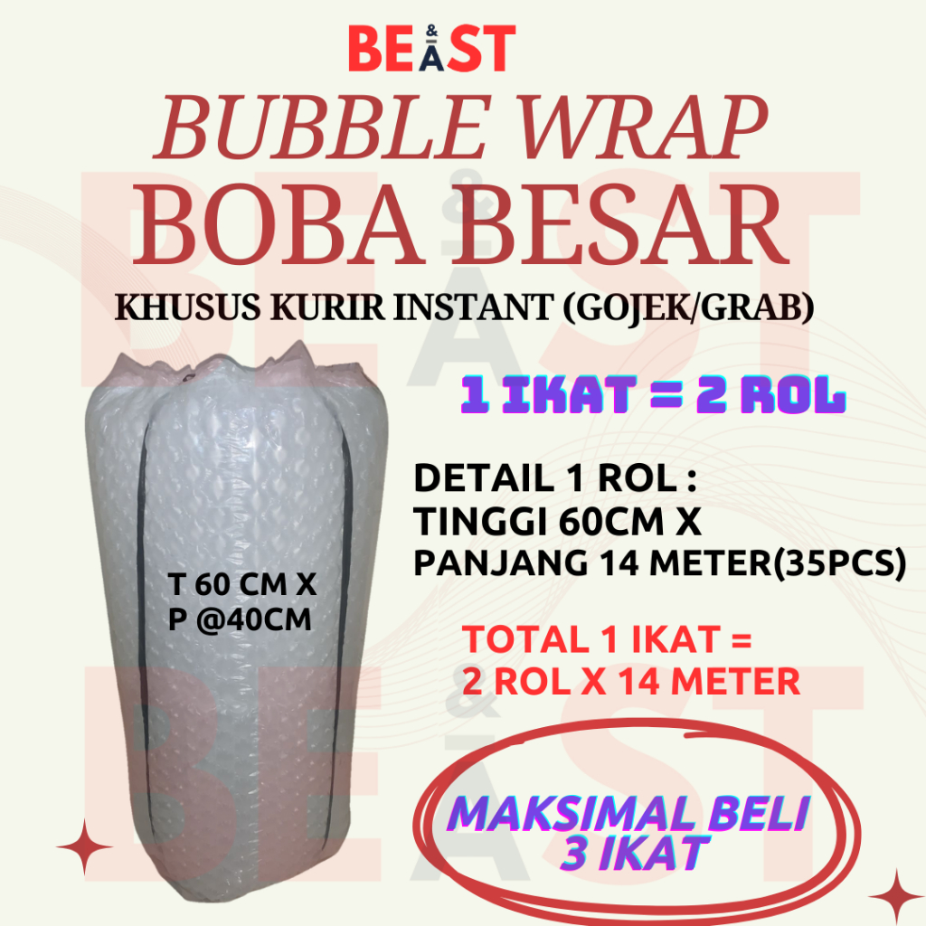 

BUBBLE WRAP BOBA BESAR T 60CM X P @40CM KHUSUS KURIR BUBBLE ROLL PACKING AMAN PAKET PACKAGING TEBAL