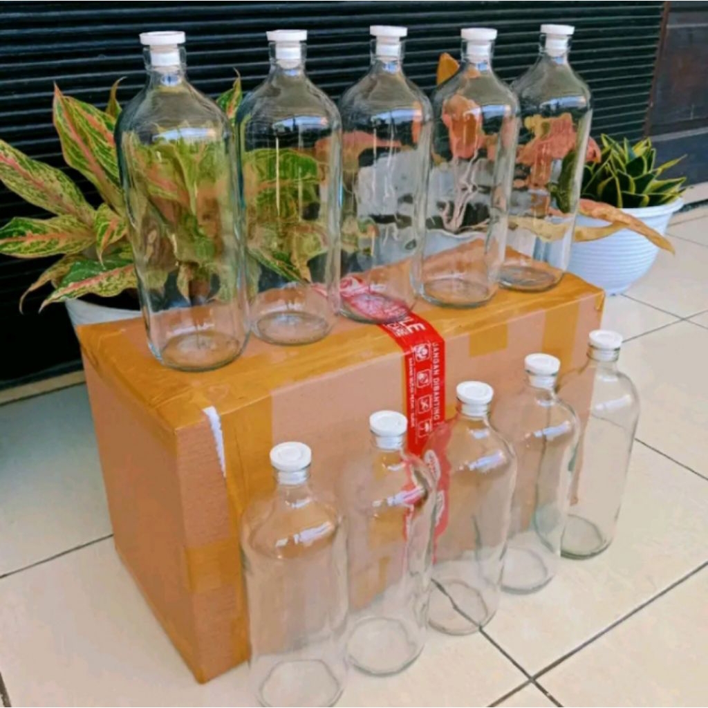 Botol kaca 1000ml paket 10 pcs botol bensin kaca 1 liter botol jamu gendong botol sirup botol minyak