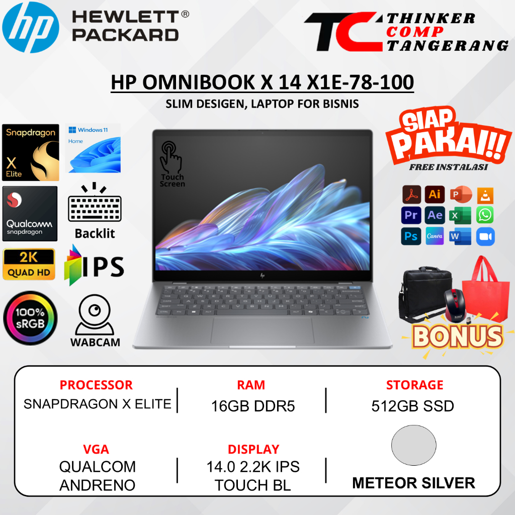 HP OMNIBOOK X 14 SNAPDRAGON X ELITE X1E-78-100 16GB 512GB 14.0 2.2K IPS Touchscreen Windows 11 Ori