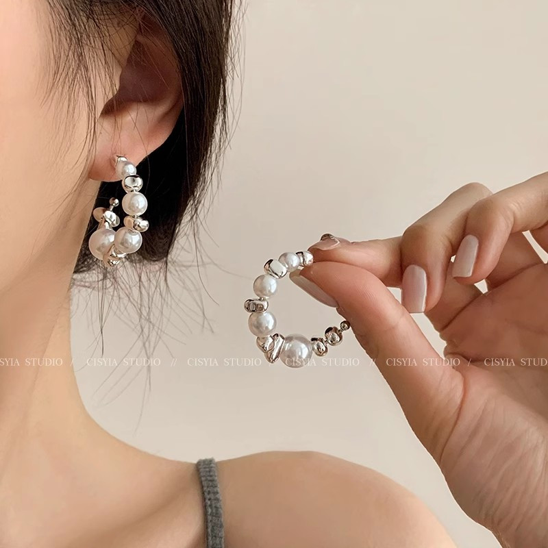 Anting Wanita Hoops Polos Anting Tusuk Stud Silver Mata Baris List Anting Mutiara Aksesoris Wanita A