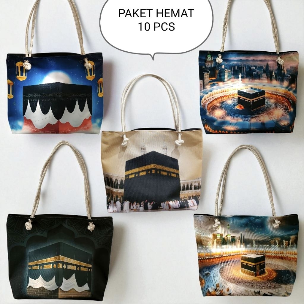 PAKET HAMPERS Tas oleh oleh Haji dan Umroh Totebag Tali Sumbu Bahan Kanvas Tas Pengajian