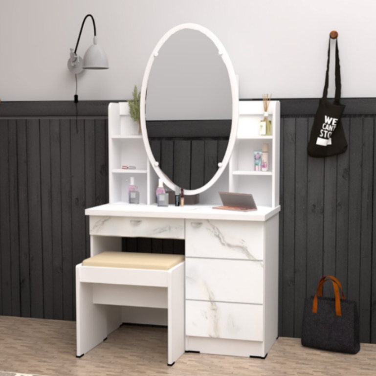 Meja Rias Cermin Sliding Kaca Oval Set Meja Makeup Mirror Slide Dressing Table Kaca Oval dan Kotak -