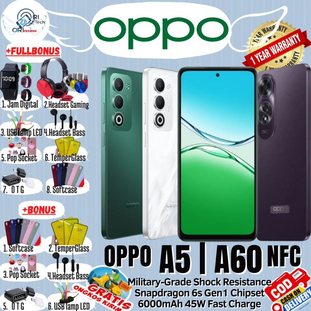 OPPO A5 | OPPO A60 NFC 8/256 - 8/128 Ram UpTo 16GB - 50MP AI CAMERA 100% ORI GARANSI RESMI
