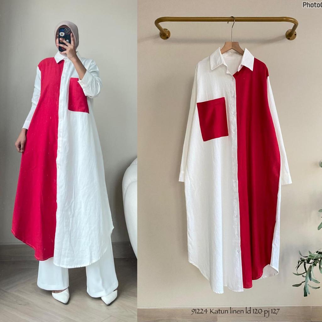 Nizamstore Kemeja Tunik Rayon Diamond Motif Daun Elegan Lengan Panjang Wanita - Panjang Belakang 75c