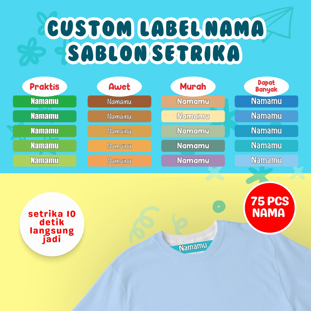 

75PCS Label Nama Baju Kain Sablon Setrika Sehari Jadi Sticker DTF Stiker Printing Anti Luntur Custom