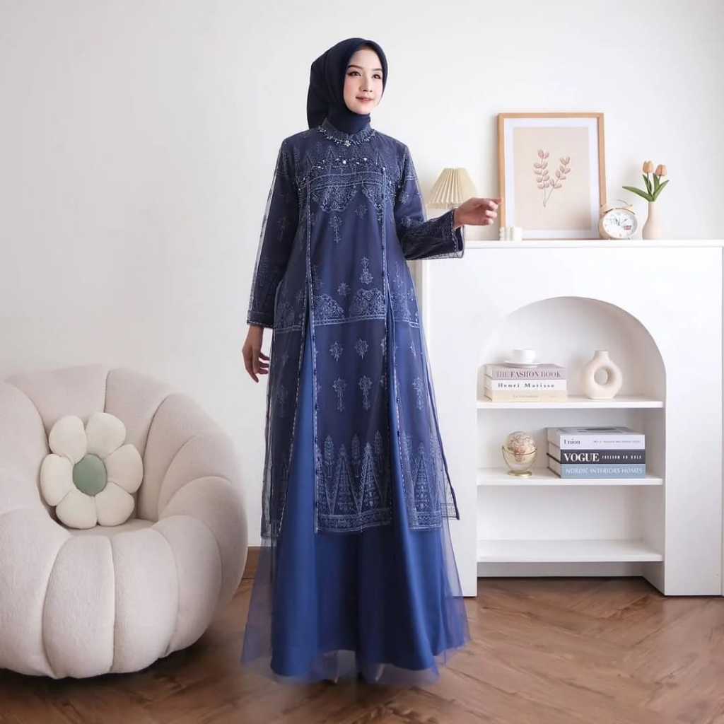 Aluna Dress Outfit Elegan Kekinian Bahan Tille Puring Mix Brukat Aplikasi Payet mutiara Gamis Mewah