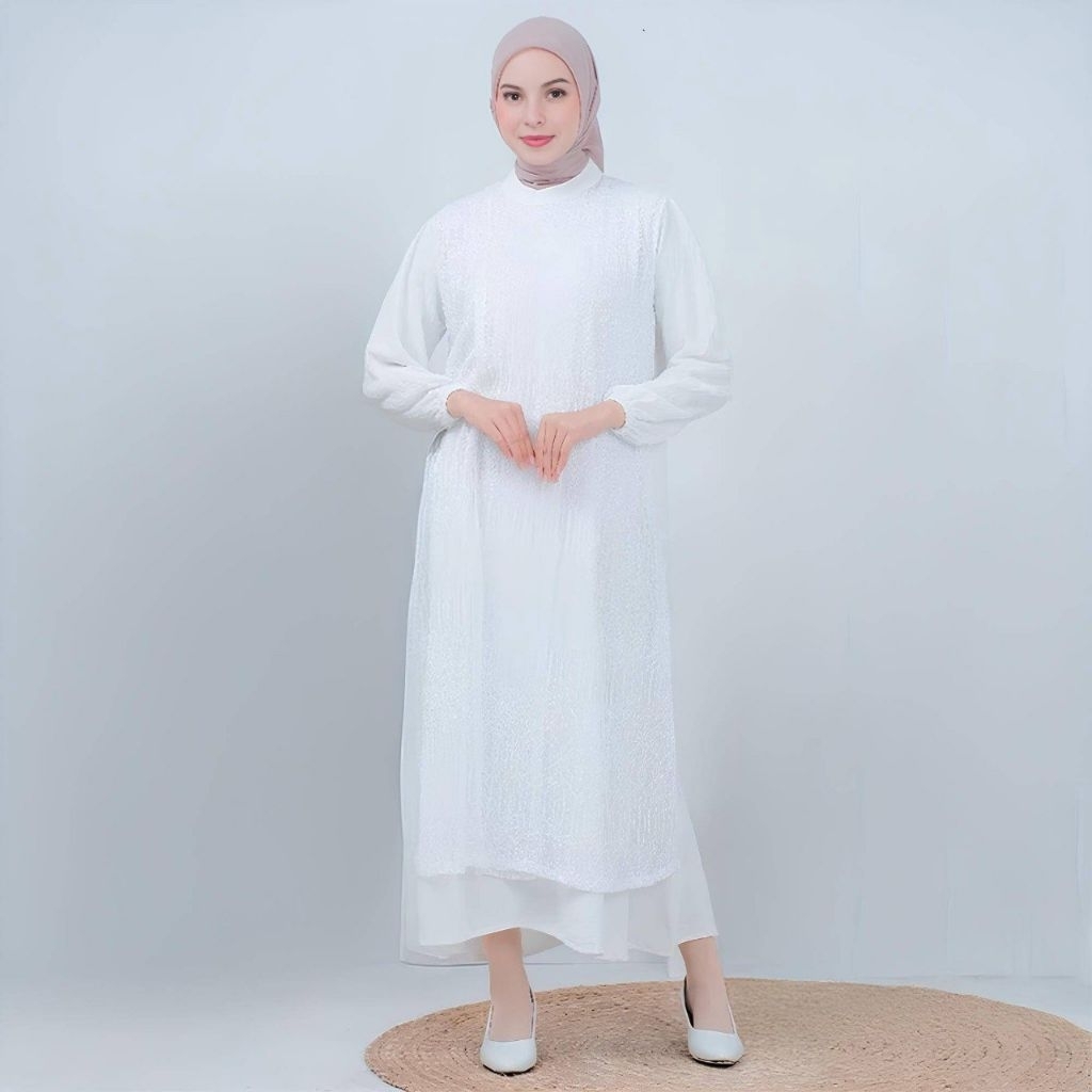 Gamis Brokat Premium Crinkle – Gamis Syari Putih Hitam Cokelat untuk Umroh, Lebaran & Harian XL