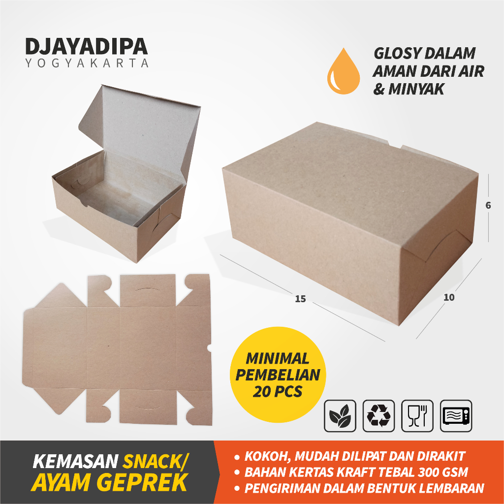

Dus Sambung Kemasan Snack Ayam Geprek Dll - Bahan Kertas Kraft Tebal 300 gsm - Laminasi Dalam - Kokoh dan Mudah Dilipat