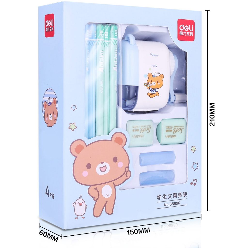 

Deli Stationery Set 4 in 1 Rautan Pensil 12pcs Pensil 2 Penghapus dan 2 Penutup Pena 68896 Warrna Biru