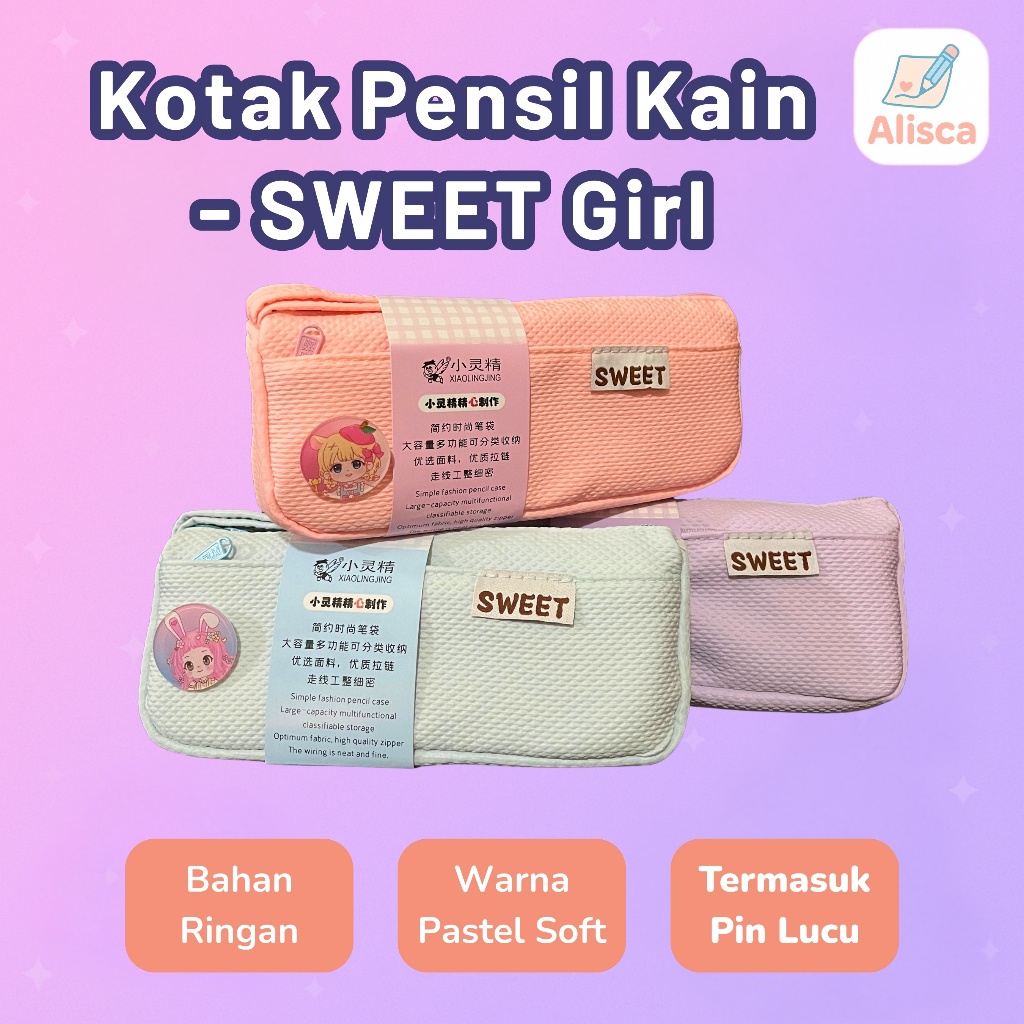 

Kotak Pensil Kain 2 Resleting + Pin Gambar Lucu | Pencil Case Xiaolingjing BD-980 | Soft Pastel
