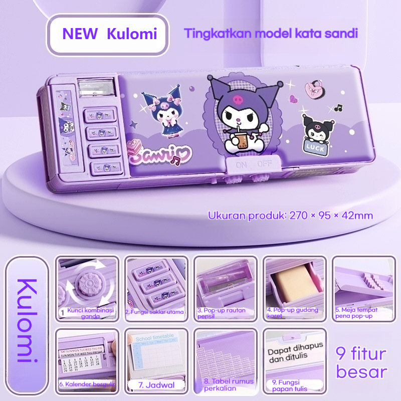 

(READY&ORI) Kulomi kotak pensil anak multifungsi, kotak alat tulis siswa sekolah dasar, mekanisme kotak pensil otomatis dengan kunci kata sandi