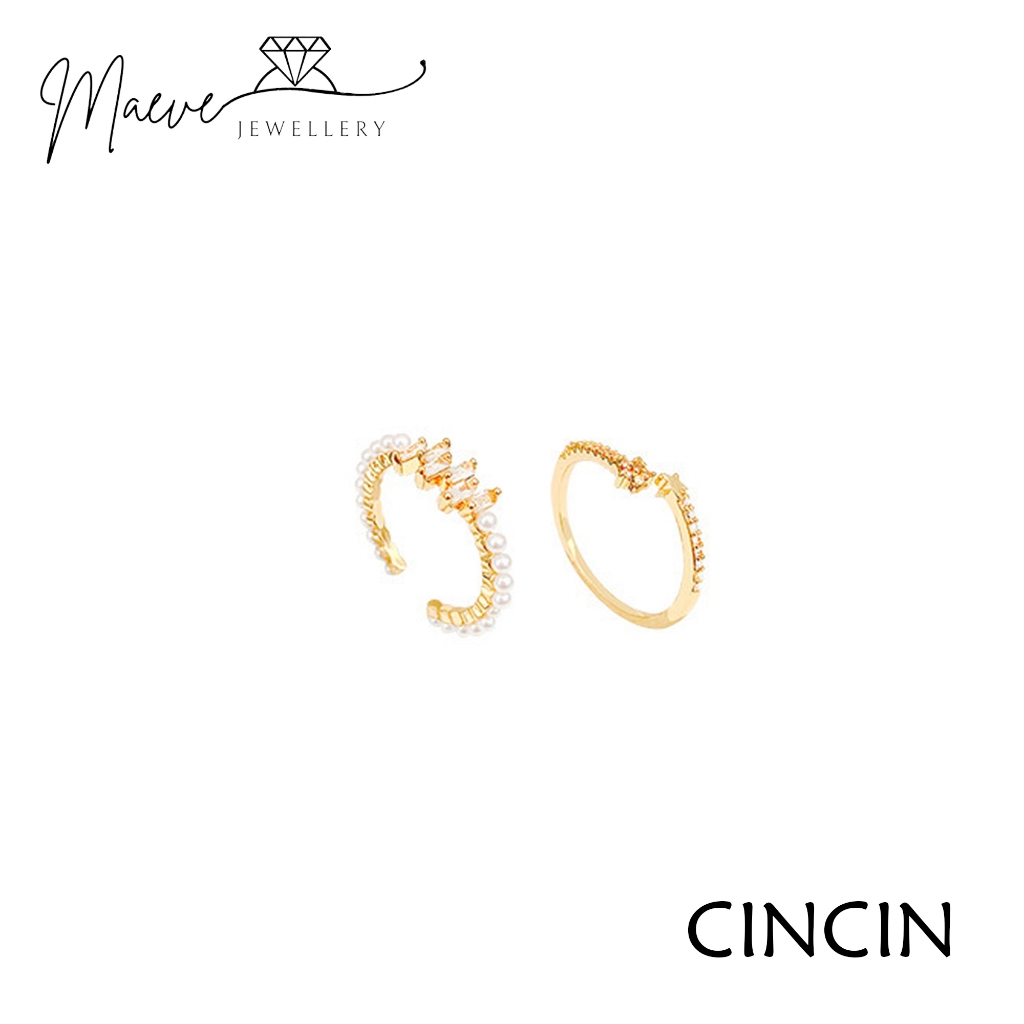 MAEVE J791 Cincin Titanium Wanita Emas Model Berlian Mutiara Set 2PCS Cincin Adjustable