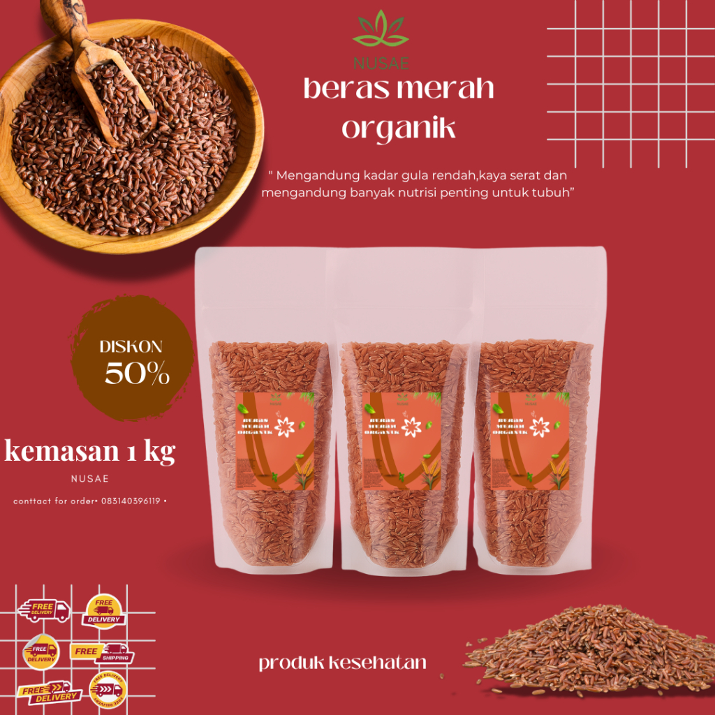 

beras merah organik pulen/beras merah pulan rendah gula kaya serat kemasan 500g/1kg/2kg
