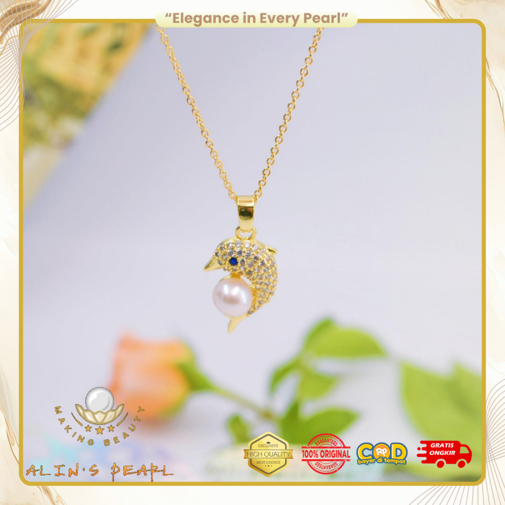K013 Kalung Mutiara Asli Air Tawar Desain Lumba Lumba dengan Permata Zirkon Elegant