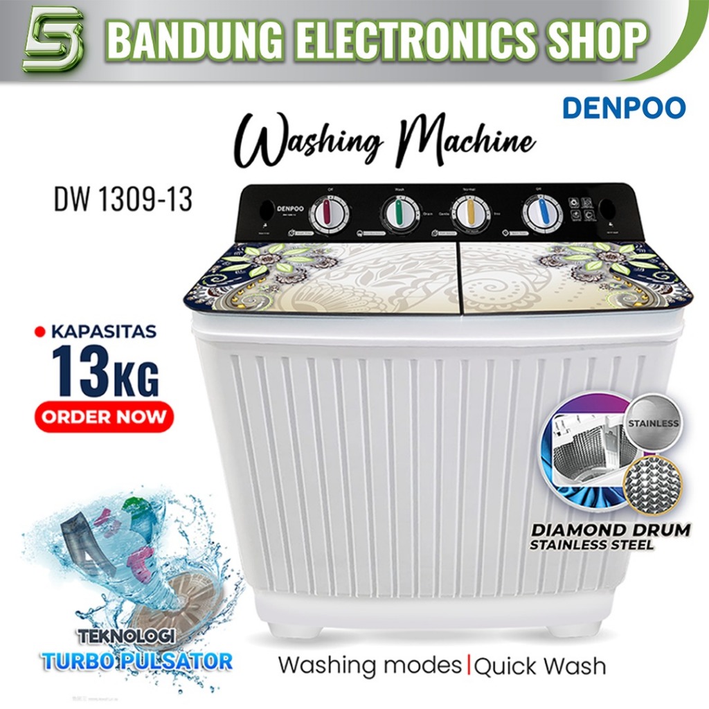 Mesin Cuci 2 Tabung 13 Kg Stainless Steel Denpoo New DW 1309H - 13 Kg Turbo Pulsator