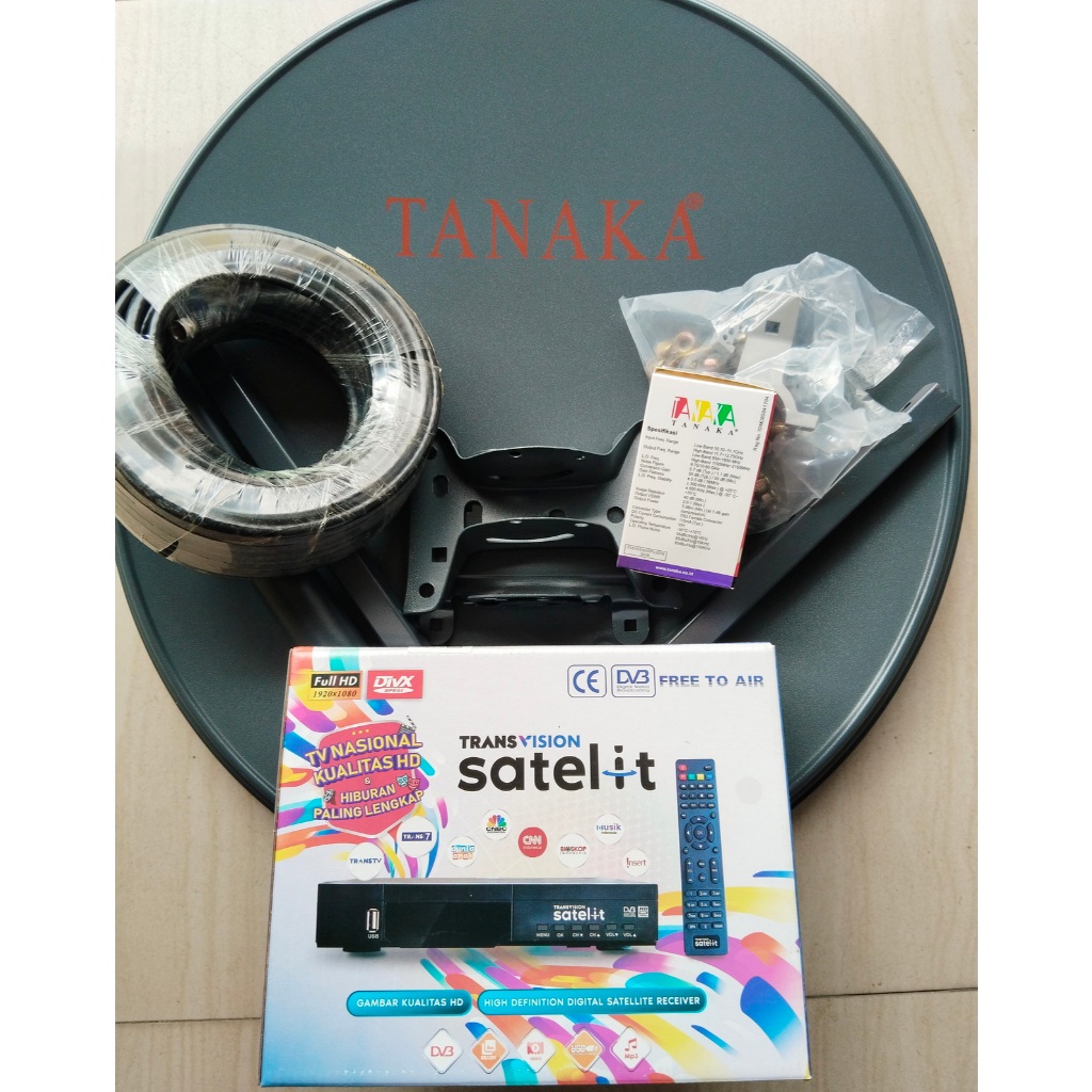 Transvision "SATELIT" Satellite Receiver HD lengkap Dish Parabola Offset Solid 45cm TANAKA Gratis 6 