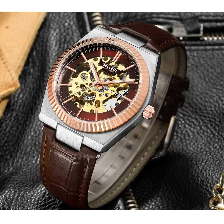 Belleda Jam Tangan Pria Automatic SN 9542 Automatic Tali Kulit Water Resistence Original Bergaransi